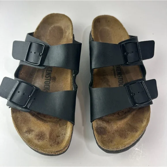 Birkenstock Arizona Slide Sandals 2 Strap Buckle Men's 6 Women's 8 Black Leather - Picture 10 of 16